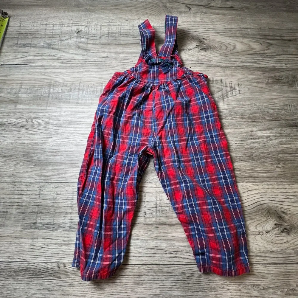OshKosh‎ B'gosh Overalls Toddler 3T Red Blue Plaid Vintage Made in USA Bibs Bow